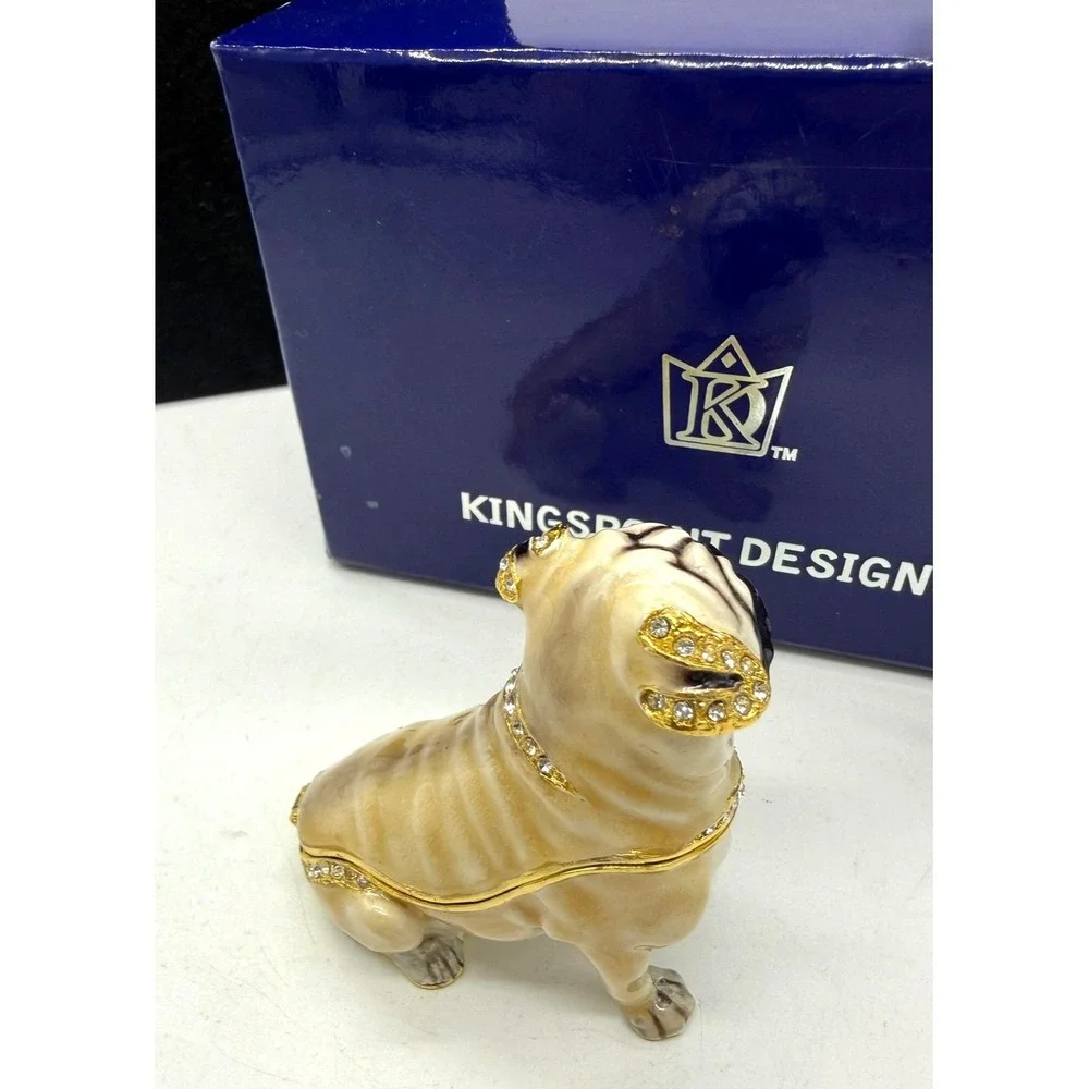 Kingspoint Designs Pug Trinket Box Necklace Rhinestone Pewter Dog Gift Set Boxed